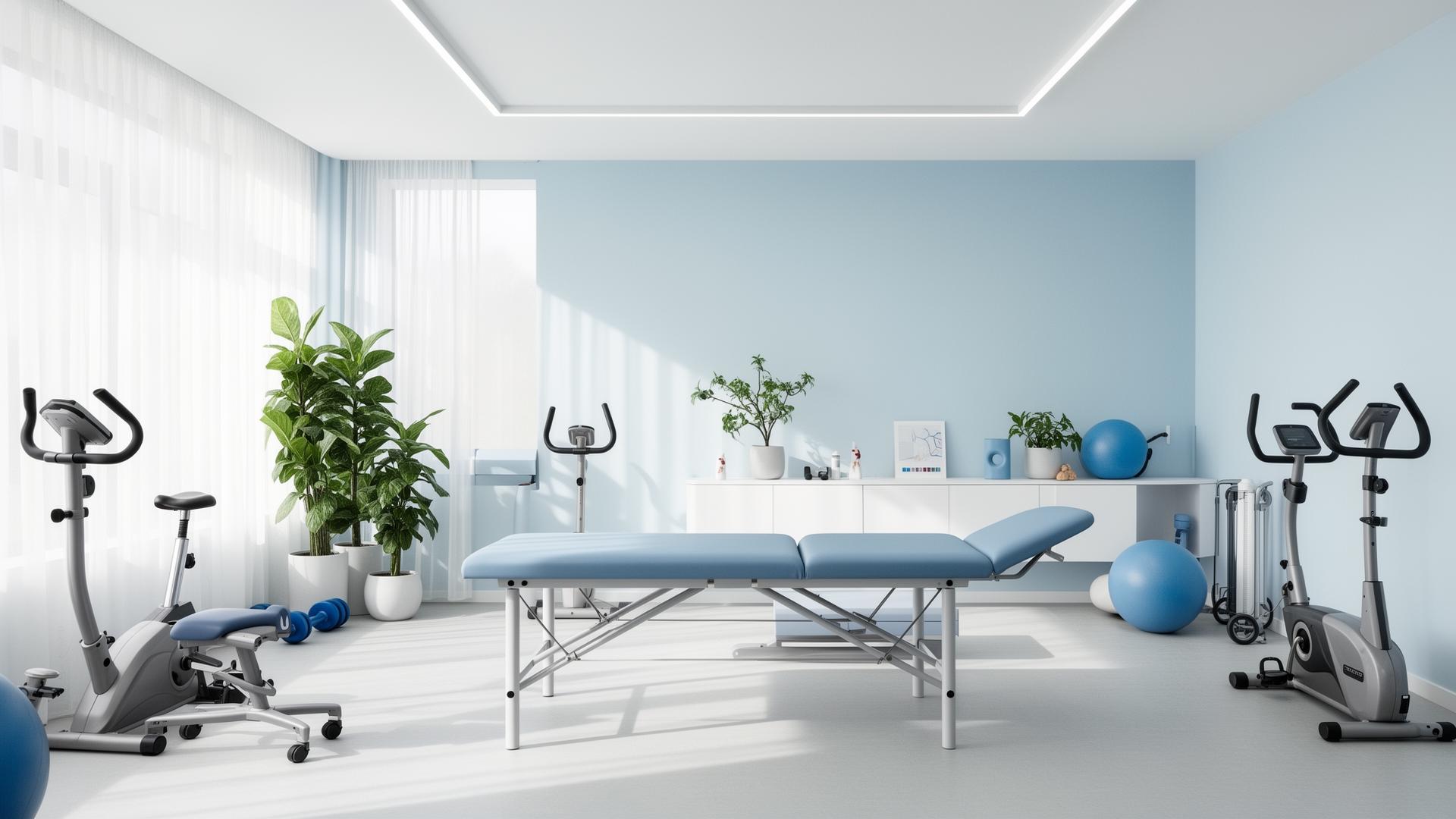 Calm, modern physiotherapy clinic interior with treatment table and rehab equipment
